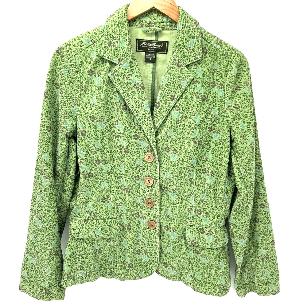 Eddie Bauer Blazer‎ Womens 10 Corduroy Green Floral Jacket Button Up Cottage